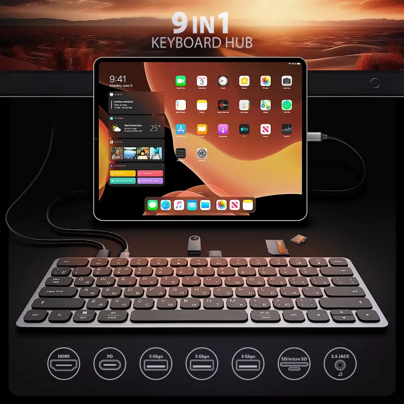 Axagon HMC-KB-CRL, USB 5Gbps šakotuvas su klaviatūra, HDMI 4K/60Hz, 3x USB-A, SD/mSD, garso lizdas, PD100, kirilicos išdėstymas