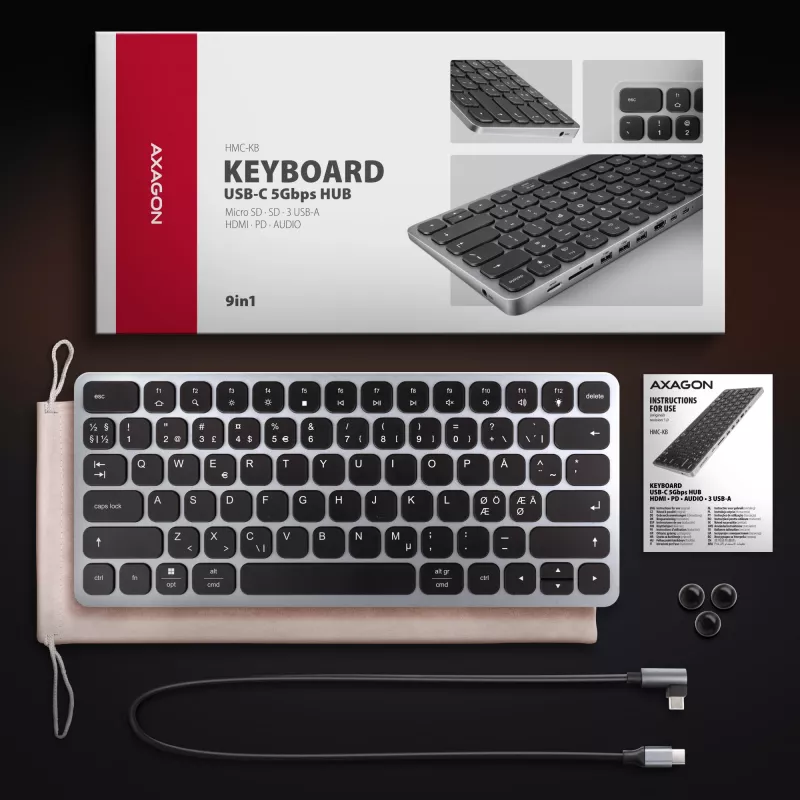 „Axagon HMC-KB-NRD“ USB 5Gbps centrinė stotelė su klaviatūra, HDMI 4K/60Hz, 3x USB-A, SD/mSD, garsu, PD100, Šiaurės šalių išdėstymas
