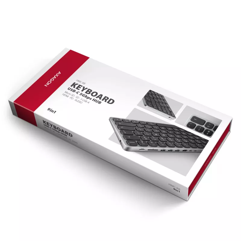 „Axagon HMC-KB-NRD“ USB 5Gbps centrinė stotelė su klaviatūra, HDMI 4K/60Hz, 3x USB-A, SD/mSD, garsu, PD100, Šiaurės šalių išdėstymas