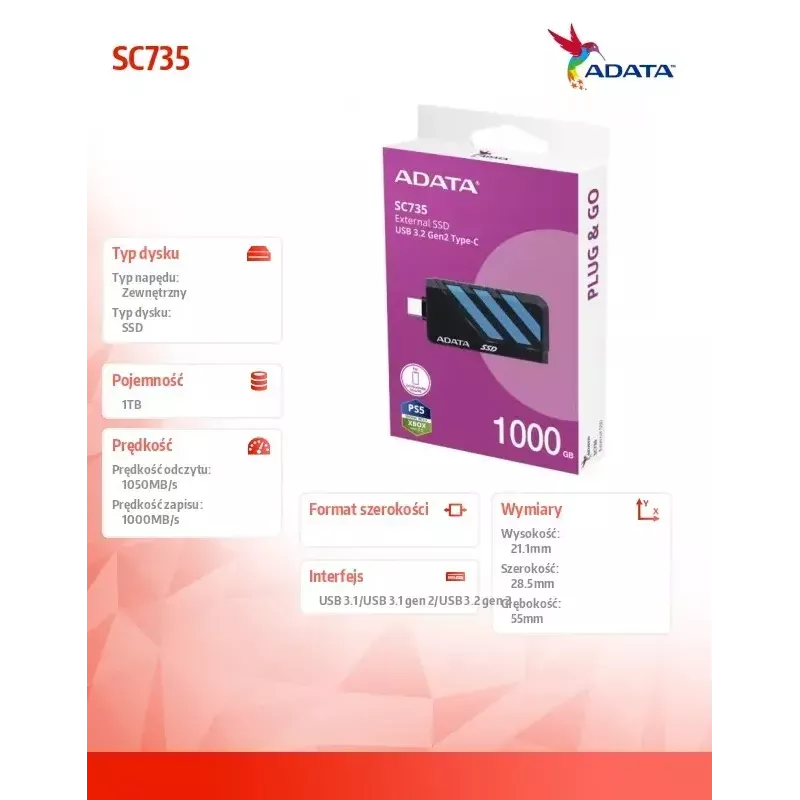 Išorinis SSD diskas ADATA 1 TB 2,5 colio USB 3.2 SC735