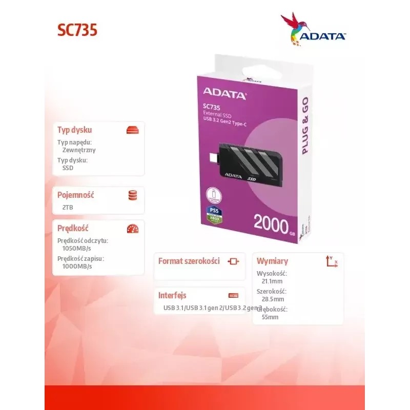 SSD diskas ADATA 2TB išorinis SC735 U3.2C pilkas