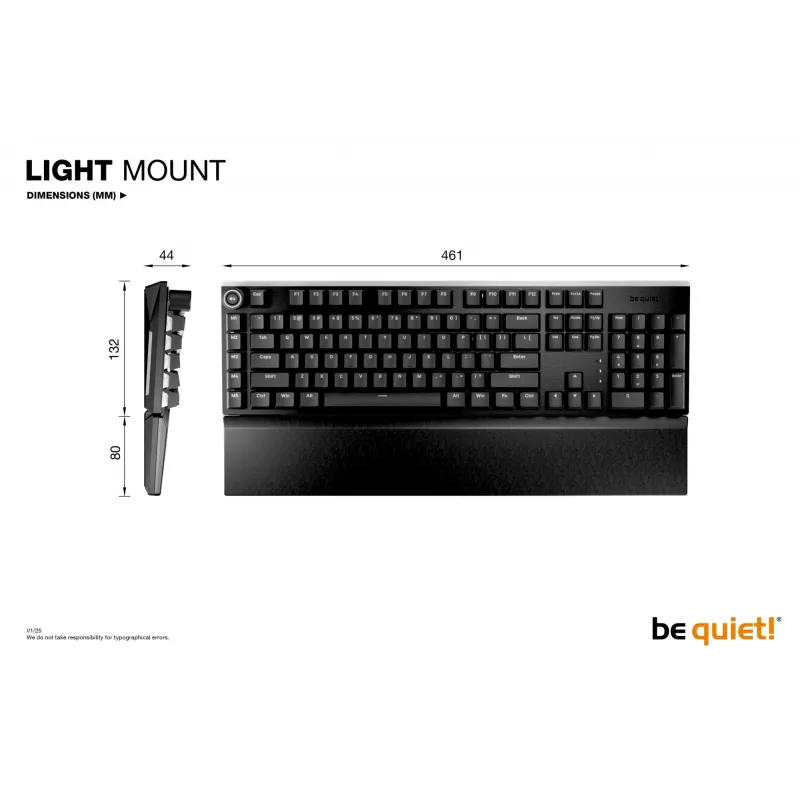 Mechaninė žaidimų klaviatūra be quiet! Light Mount Silent Tactile USB QWERTY US English, RGB, pilno dydžio, USB Type-A – Type-C laidas