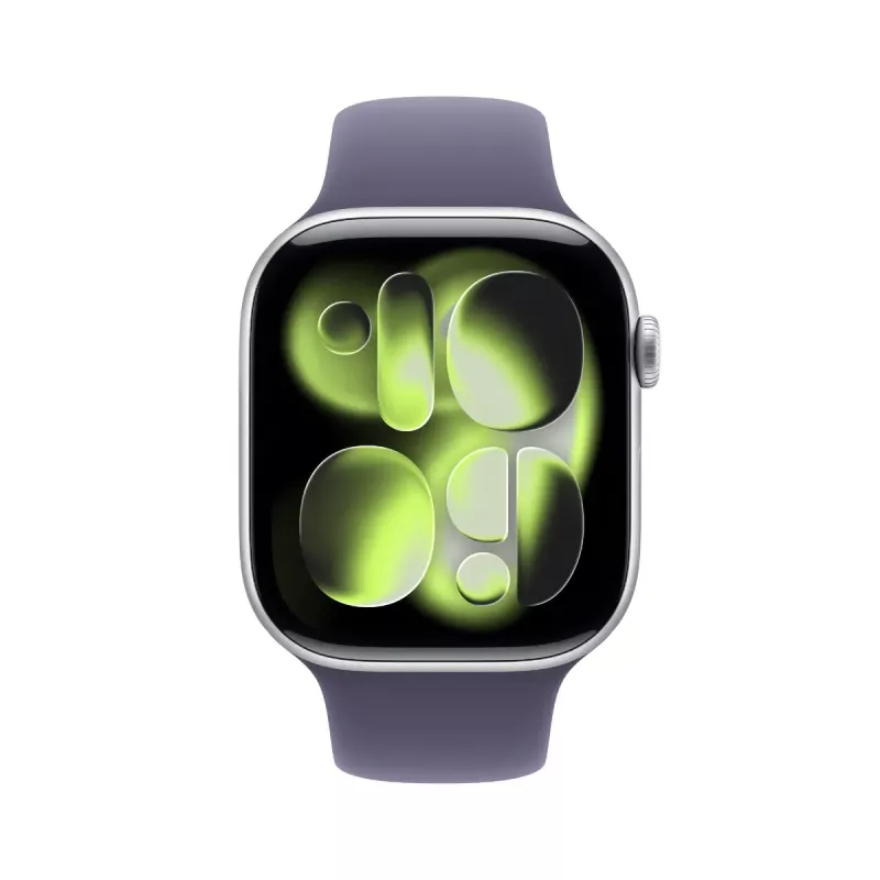 “Apple Watch Series 11 GPS + Cellular 46mm sidabrinis aliuminio korpusas su Purple Fog sportine juostele - M/L”