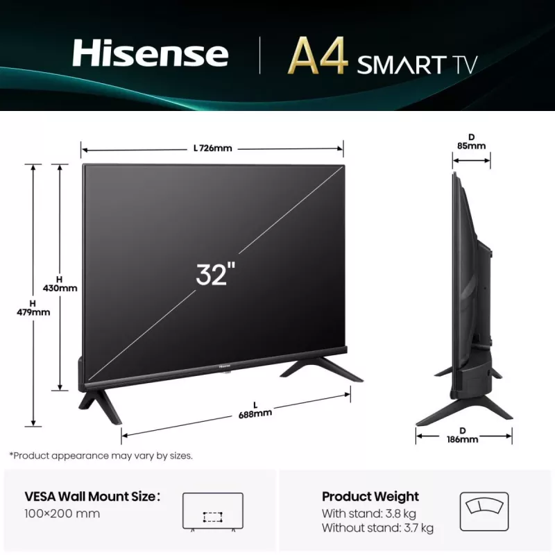 Hisense 32A4Q 81,3 cm (32 colių) HD išmanusis televizorius Wi-Fi juodas
