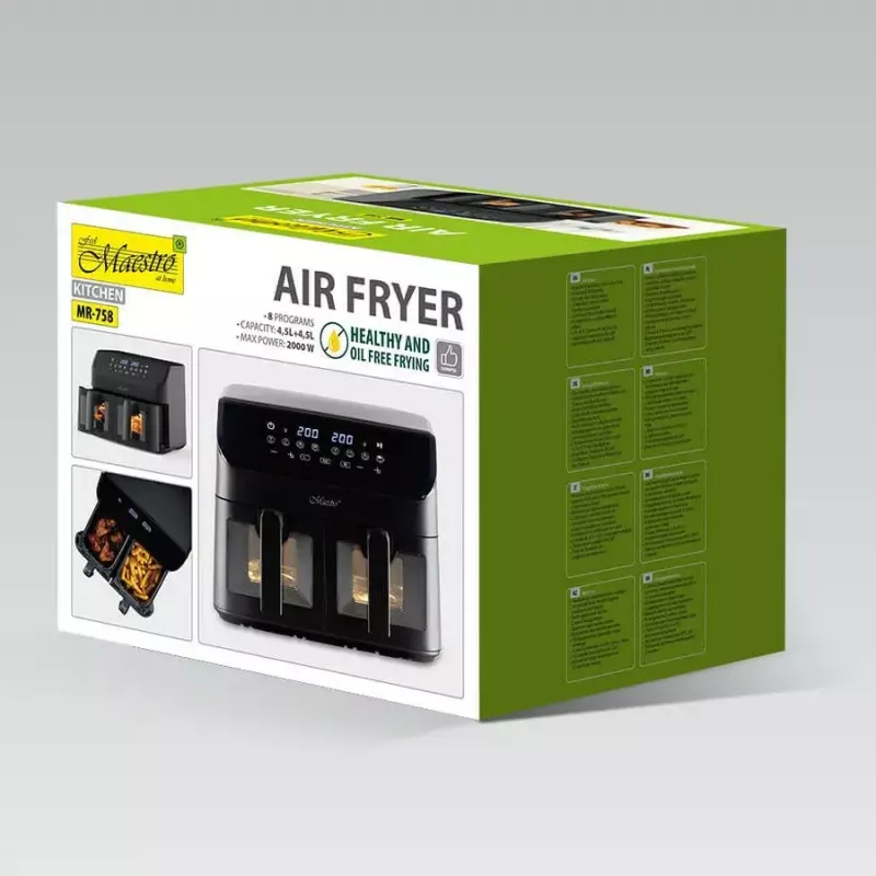 Karšto oro gruzdintuvė Maestro MR-758, du krepšeliai po 2×4,5 l talpos, 1400–1800W, reguliuojama 80–200°C, 8 programos, 30 min laikmatis
