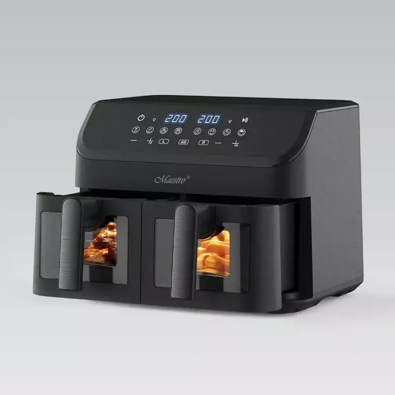 Karšto oro gruzdintuvė Maestro MR-758, du krepšeliai po 2×4,5 l talpos, 1400–1800W, reguliuojama 80–200°C, 8 programos, 30 min laikmatis