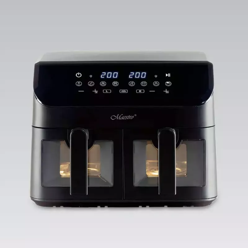 Karšto oro gruzdintuvė Maestro MR-758, du krepšeliai po 2×4,5 l talpos, 1400–1800W, reguliuojama 80–200°C, 8 programos, 30 min laikmatis