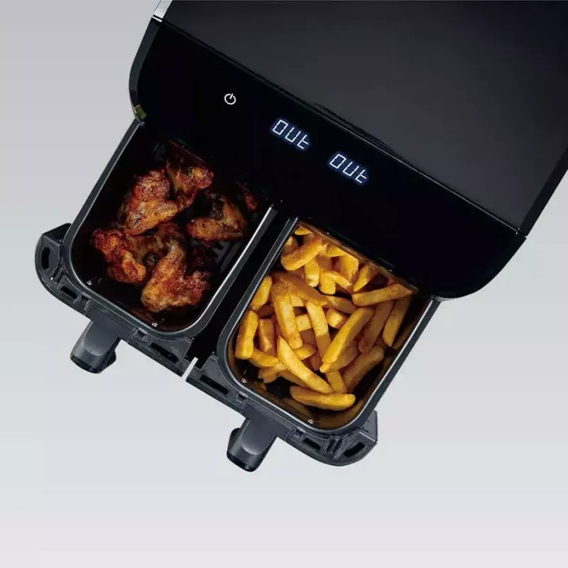 Karšto oro gruzdintuvė Maestro MR-758, du krepšeliai po 2×4,5 l talpos, 1400–1800W, reguliuojama 80–200°C, 8 programos, 30 min laikmatis