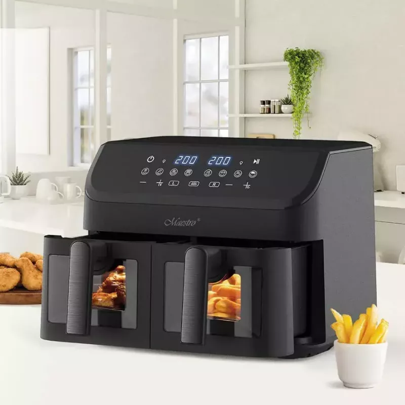 Karšto oro gruzdintuvė Maestro MR-758, du krepšeliai po 2×4,5 l talpos, 1400–1800W, reguliuojama 80–200°C, 8 programos, 30 min laikmatis