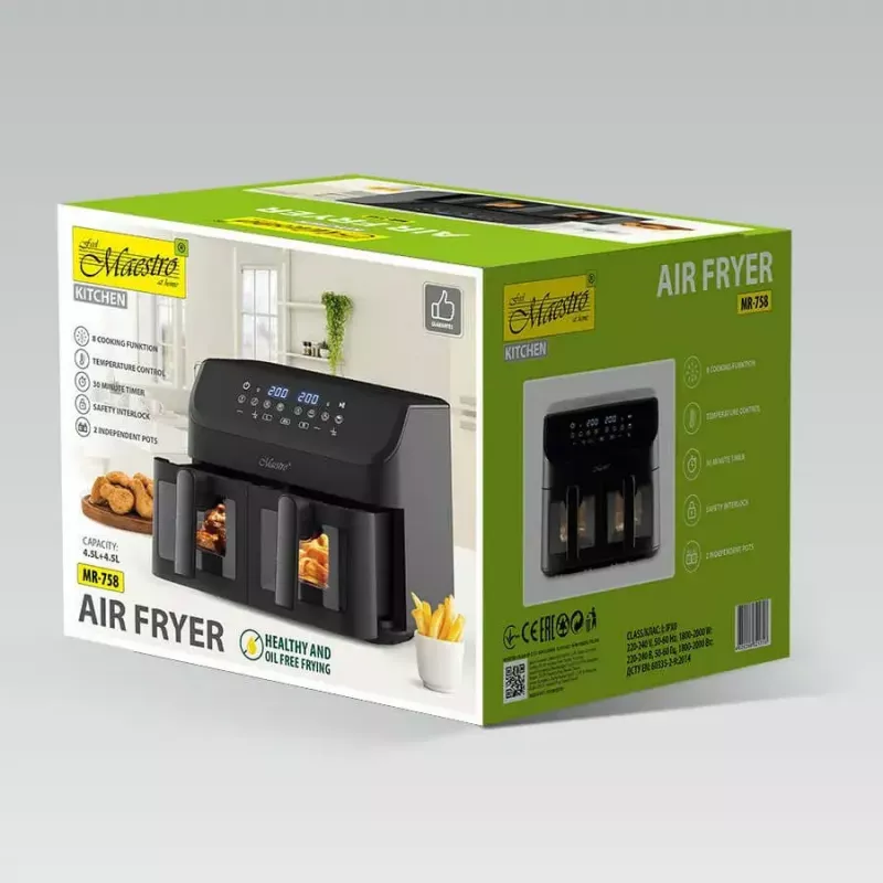 Karšto oro gruzdintuvė Maestro MR-758, du krepšeliai po 2×4,5 l talpos, 1400–1800W, reguliuojama 80–200°C, 8 programos, 30 min laikmatis