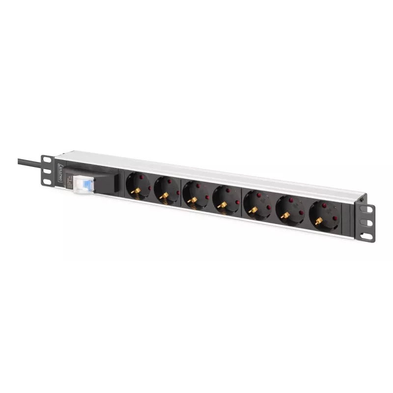 DIGITUS PDU - 1U aliuminis stovas 7x apsauginiai lizdai 16A 4000W 250VAC 50/60Hz 1x grandinės pertraukiklis