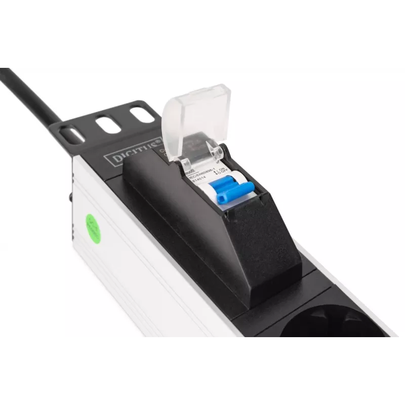DIGITUS PDU - 1U aliuminis stovas 7x apsauginiai lizdai 16A 4000W 250VAC 50/60Hz 1x grandinės pertraukiklis