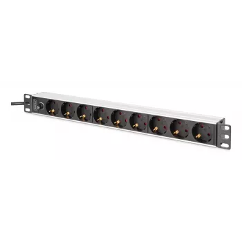 DIGITUS PDU - 1U aliuminis montuojamas stelažuose 8x CEE 7/7 lizdas 1x lizdas 10A kištukas 250 V AC 50/60 Hz IEC C14 kištukas išankstinis saugiklis