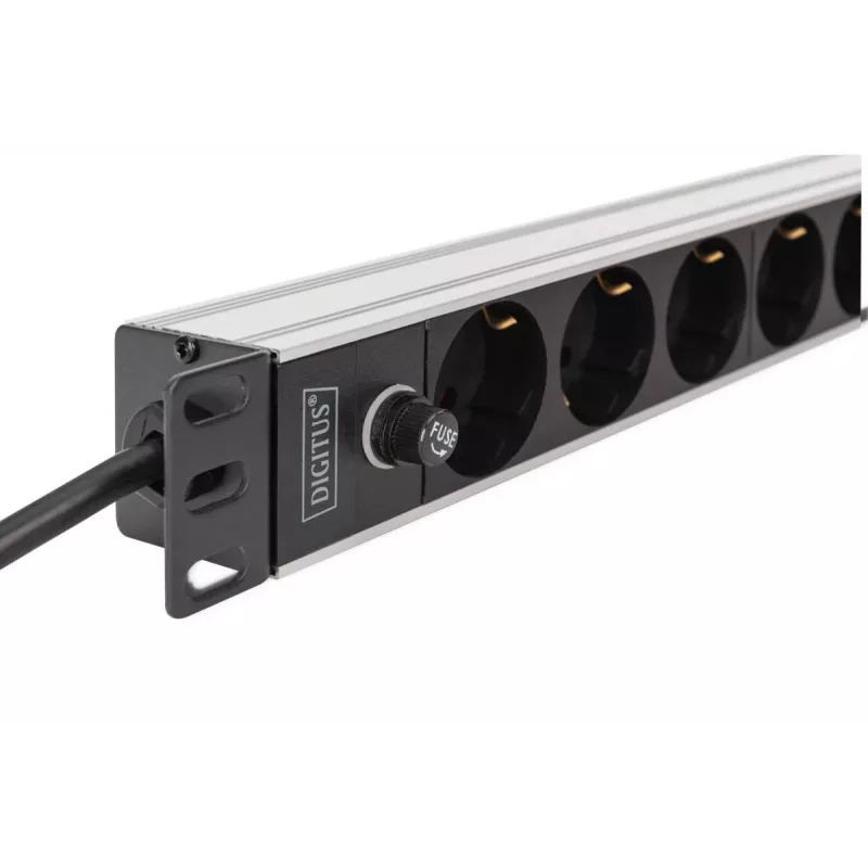 DIGITUS PDU - 1U aliuminis montuojamas stelažuose 8x CEE 7/7 lizdas 1x lizdas 10A kištukas 250 V AC 50/60 Hz IEC C14 kištukas išankstinis saugiklis