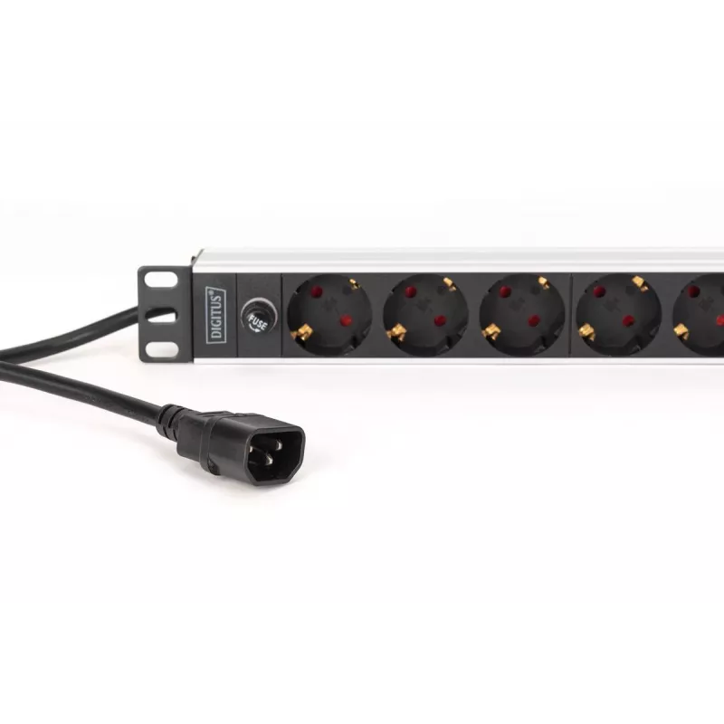DIGITUS PDU - 1U aliuminis montuojamas stelažuose 8x CEE 7/7 lizdas 1x lizdas 10A kištukas 250 V AC 50/60 Hz IEC C14 kištukas išankstinis saugiklis