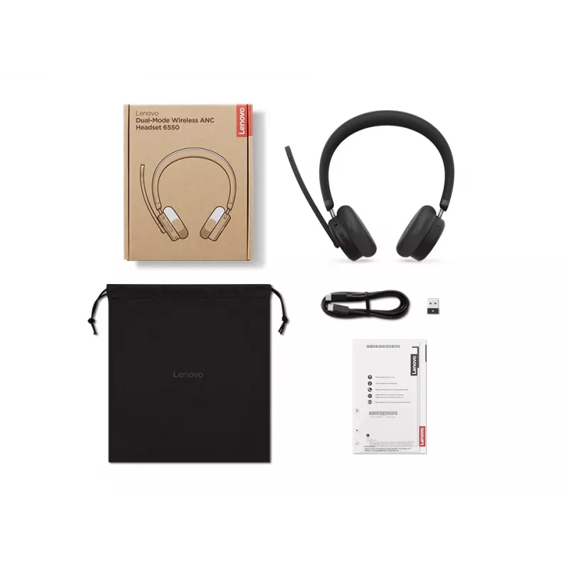 Lenovo ANC Headset 6550 belaidės ausinės su lankeliu, biurui / skambučių centrui, USB Type-C, Bluetooth, juodos