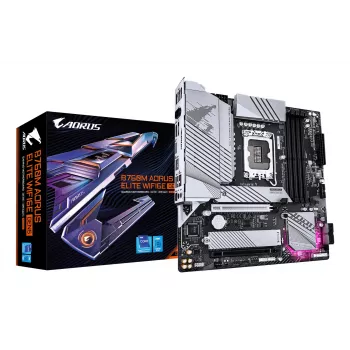 GIGABYTE motininė plokštė B760M AORUS ELITE WIFI6E GEN5 — Micro ATX, LGA1700, DDR5 iki 5600MHz, 12+1+1 VRM, 2x PCIe4.0 M.2, Wi‑Fi 6E, 2.5 GbE