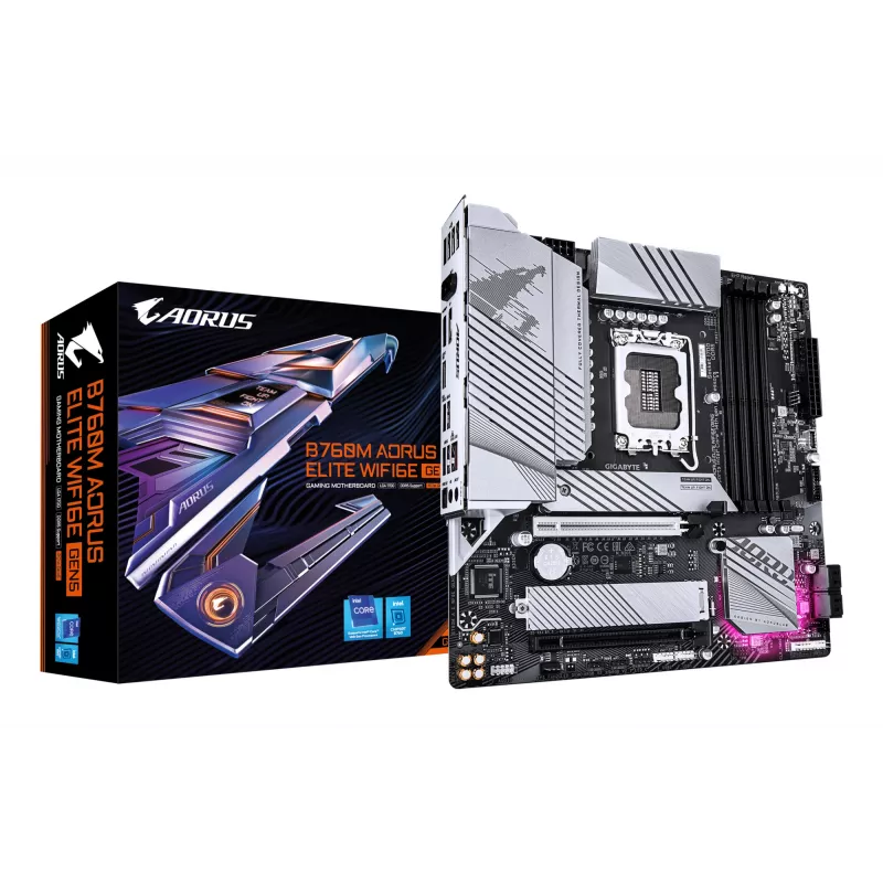 GIGABYTE motininė plokštė B760M AORUS ELITE WIFI6E GEN5 — Micro ATX, LGA1700, DDR5 iki 5600MHz, 12+1+1 VRM, 2x PCIe4.0 M.2, Wi‑Fi 6E, 2.5 GbE