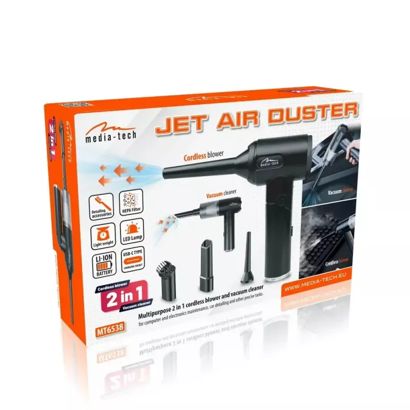 Mini orapūtė MEDIA-TECH MT6538 2 IN 1 Jet Air Duster — belaidis rankinis valytuvas, 2000 mAh, 65 W, 2500 l/min, 7000 Pa