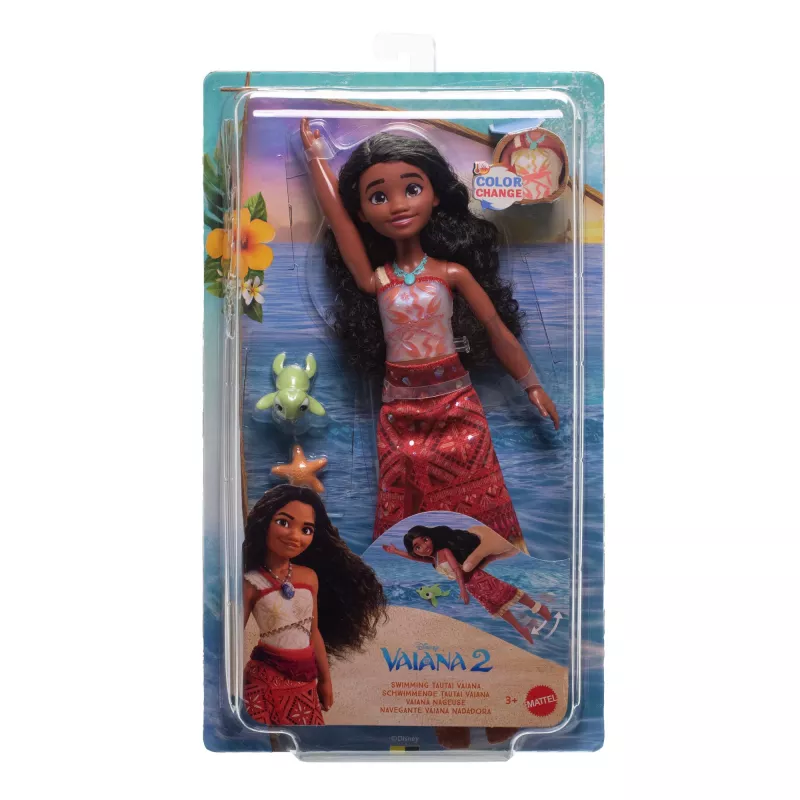 Disney Vaiana 2 žaislai, plaukiojanti Tautai Vaiana mados lėlė su 2 priedais ir spalvą keičiančiu liemeniu