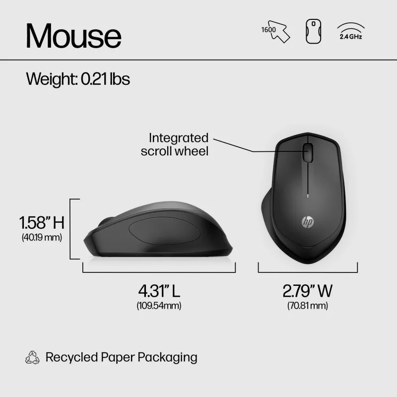 HP 280 Silent Wireless pelė, dešiniarankiams, optinė, belaidė radijo dažnio, juoda