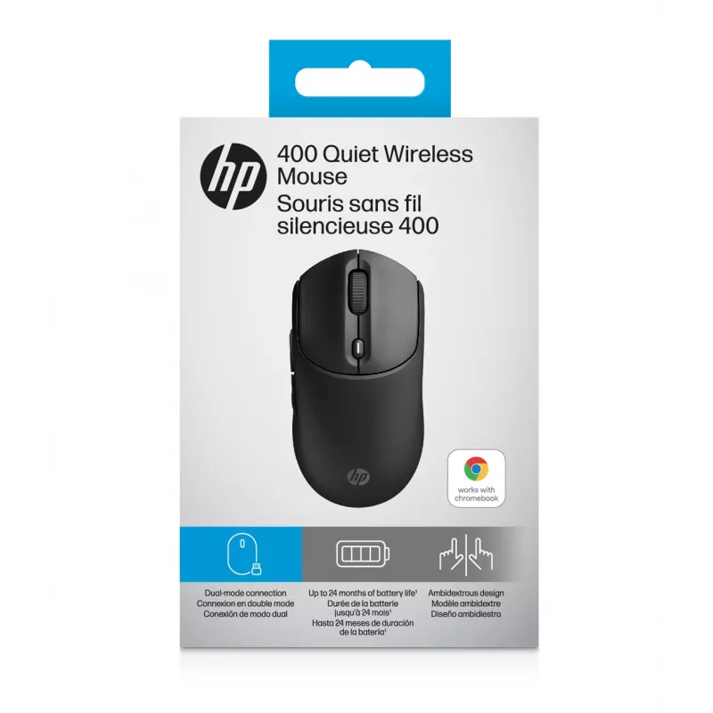 HP 400 Quiet Juoda belaidė pelė, abiem rankoms tinkama, RF belaidis ryšys + Bluetooth, 6000 DPI, juoda