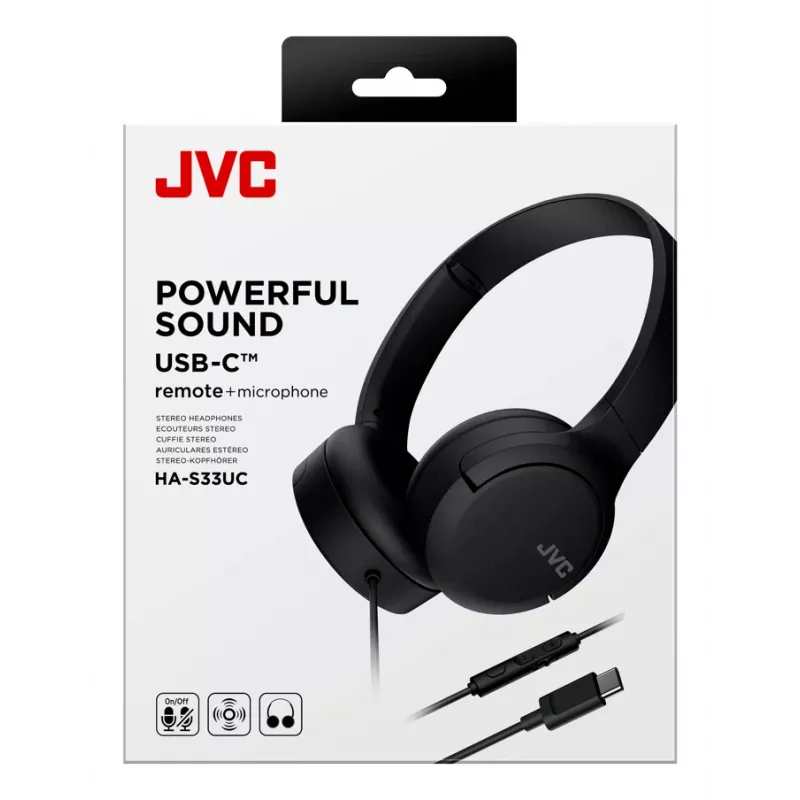 JVC HA-S33UC ausinės, binauralinės, laidinės, galvos lankelio tipo, 2 tvarkyklės 29,7 mm, 20–20000 Hz, 1,2 m laidas, įmontuotas mikrofonas, juodos