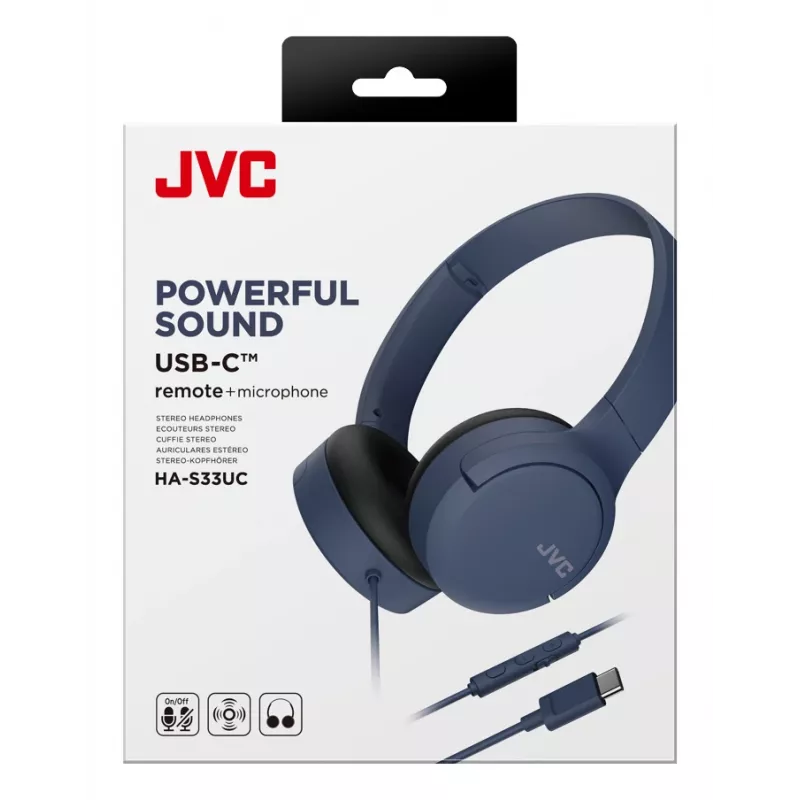Laidinės binauralinės ausinės JVC HA-S33UCAU su galvos lankeliu, USB-C, 2 tvarkyklės 2,97 cm, 20–20000 Hz, laidas 1,2 m, mėlynos