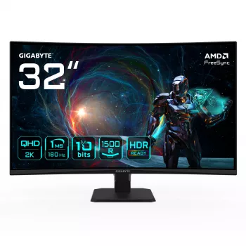 GIGABYTE GS32QCA 31,5 colio QHD lenktas žaidimų monitorius - 2560 x 1440, 180Hz, 1ms, 250 cd/m², FreeSync, paruoštas HDR, HDMI 2.0, DisplayPort 1.4