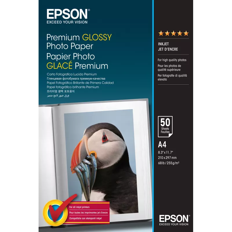 Epson Premium Glossy Photo Paper - A4 - 50 lapų, blizgus, 255 g/m², A4, baltas, 50 lapų, 1 vnt.