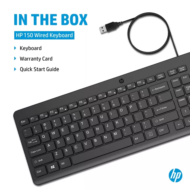 HP 150 laidinė klaviatūra, pilno dydžio (100 %), laidinė, USB, mechaninė, QWERTY, juoda