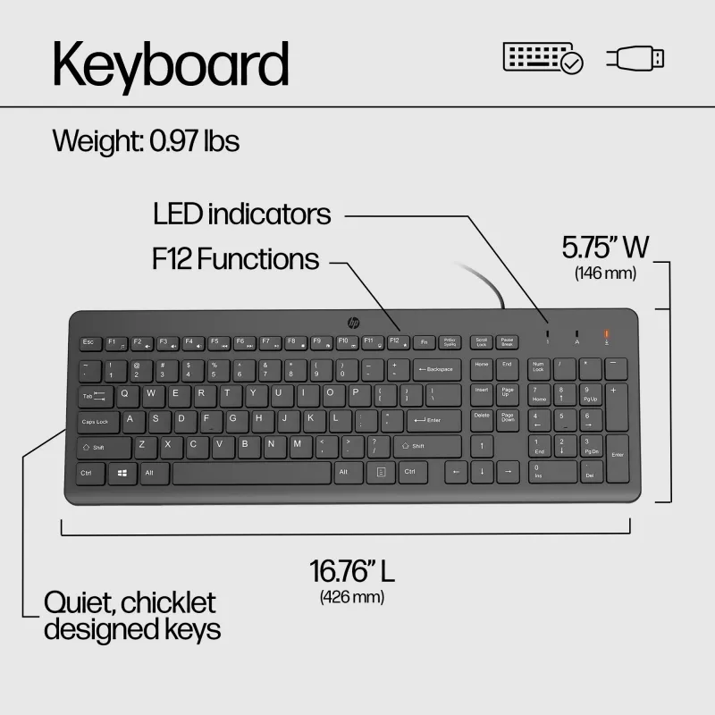 HP 150 laidinė klaviatūra, pilno dydžio (100 %), laidinė, USB, mechaninė, QWERTY, juoda