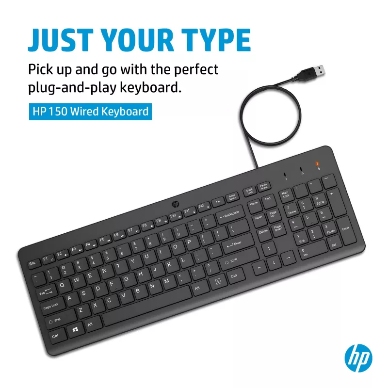 HP 150 laidinė klaviatūra, pilno dydžio (100 %), laidinė, USB, mechaninė, QWERTY, juoda