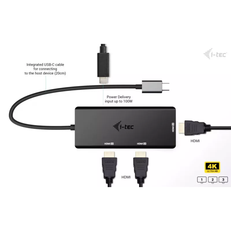 i-tec USB-C Triple 4K HDMI vaizdo adapteris, maitinimo tiekimas 100 W