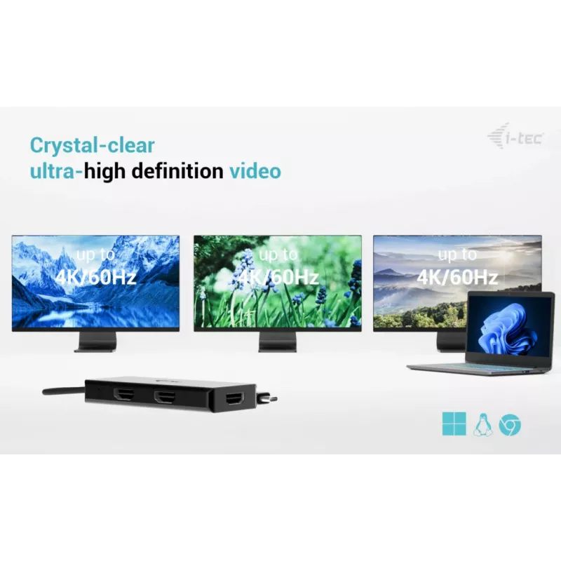 i-tec USB-C Triple 4K HDMI vaizdo adapteris, maitinimo tiekimas 100 W