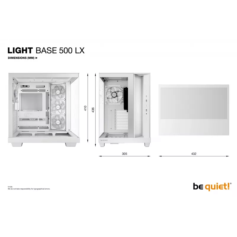 PC korpusas be quiet Light Base 500 LX White Midi Tower ATX/PS2 PSU palaikymas 3x120 mm priekyje 1x120 mm gale palaiko 2,5/3,5 col. diskus 305×436×432 mm
