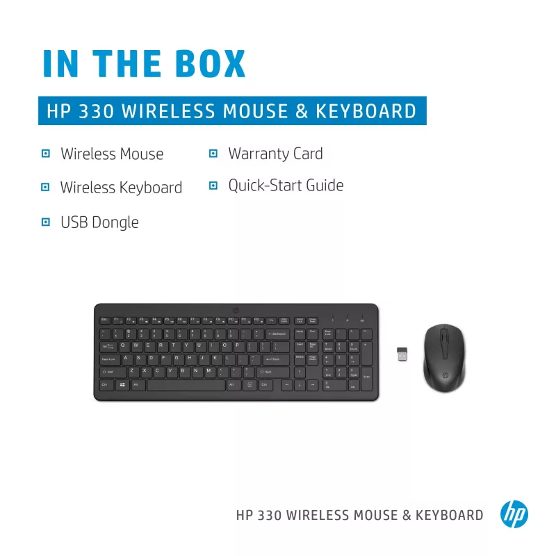 HP 330 belaidės pelės ir klaviatūros rinkinys, pilno dydžio (100 %), belaidė, RF belaidė, QWERTY, juoda, pelė įtraukta
