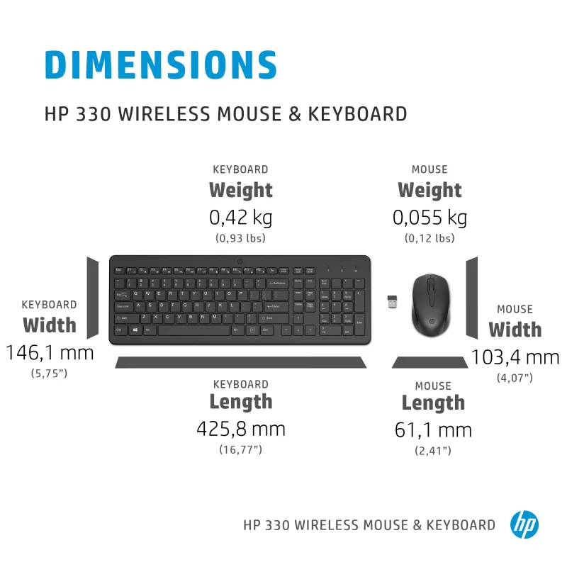 HP 330 belaidės pelės ir klaviatūros rinkinys, pilno dydžio (100 %), belaidė, RF belaidė, QWERTY, juoda, pelė įtraukta