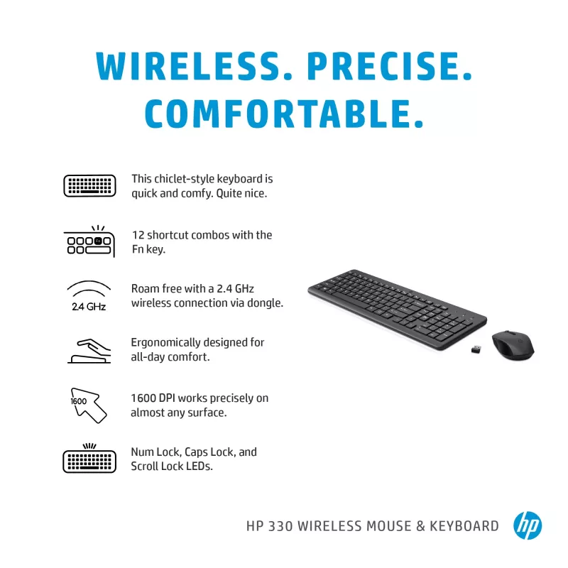 HP 330 belaidės pelės ir klaviatūros rinkinys, pilno dydžio (100 %), belaidė, RF belaidė, QWERTY, juoda, pelė įtraukta