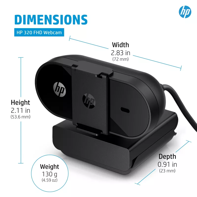 HP 320 FHD internetinė kamera, 1920 x 1080 pikselių, Full HD, 30 kadrų per sek., Namų, USB, juoda