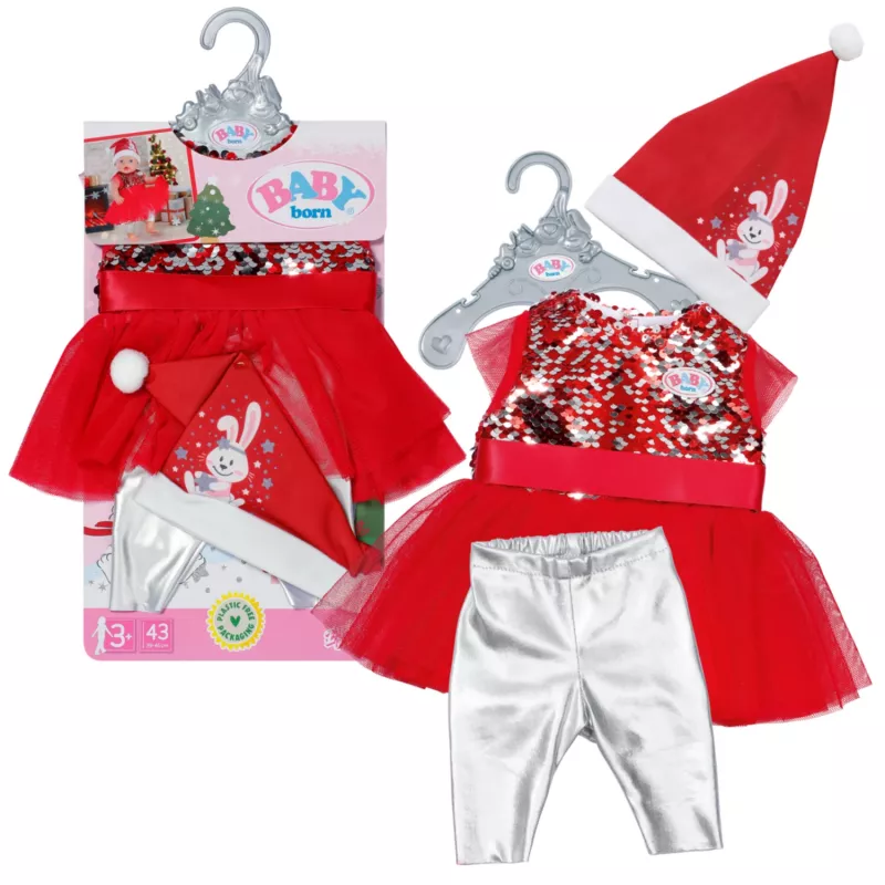 Lėlės suknelė ZAPF BABY born Xmas Dress 43 cm lėlėms, tekstilė, daugiaspalvė, sulankstoma, amžius 3–12