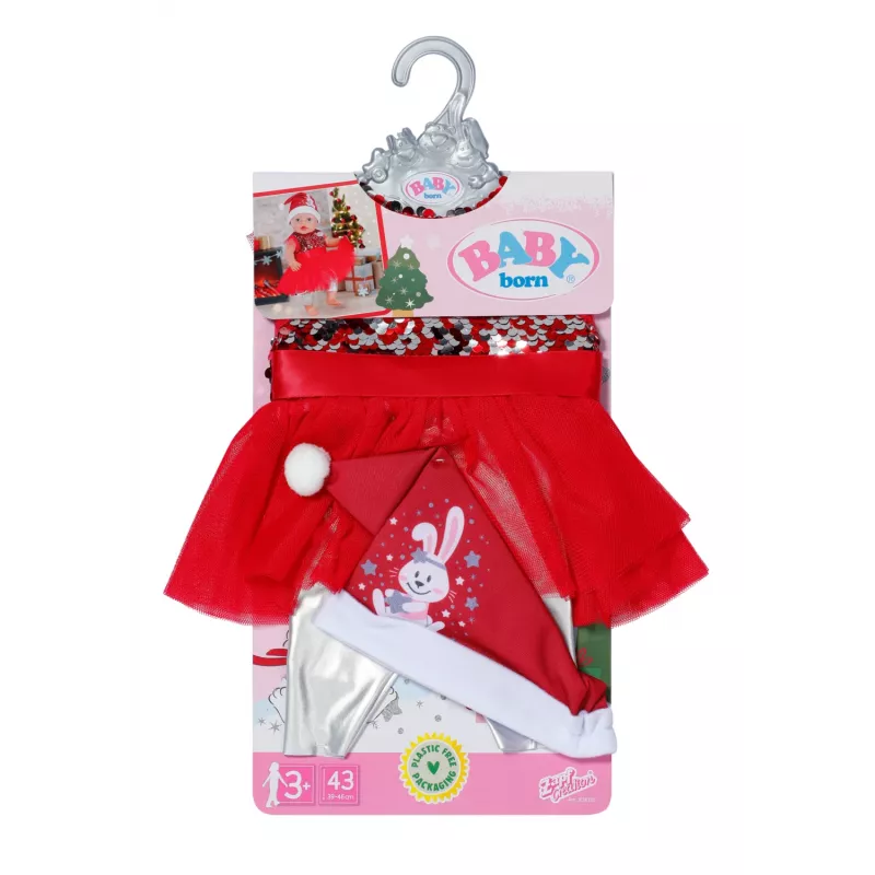 Lėlės suknelė ZAPF BABY born Xmas Dress 43 cm lėlėms, tekstilė, daugiaspalvė, sulankstoma, amžius 3–12