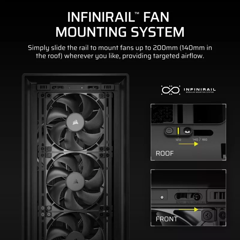 PC Midi Tower korpusas CORSAIR FRAME 5000D RS — juodas, ATX/EATX palaikymas, 3x140 mm priekiniai ventiliatoriai, grūdintas stiklas, 250×556×542 mm