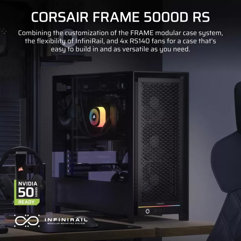 PC Midi Tower korpusas CORSAIR FRAME 5000D RS — juodas, ATX/EATX palaikymas, 3x140 mm priekiniai ventiliatoriai, grūdintas stiklas, 250×556×542 mm