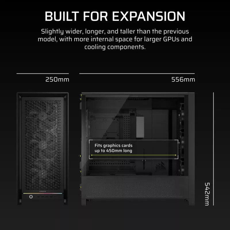PC Midi Tower korpusas CORSAIR FRAME 5000D RS — juodas, ATX/EATX palaikymas, 3x140 mm priekiniai ventiliatoriai, grūdintas stiklas, 250×556×542 mm
