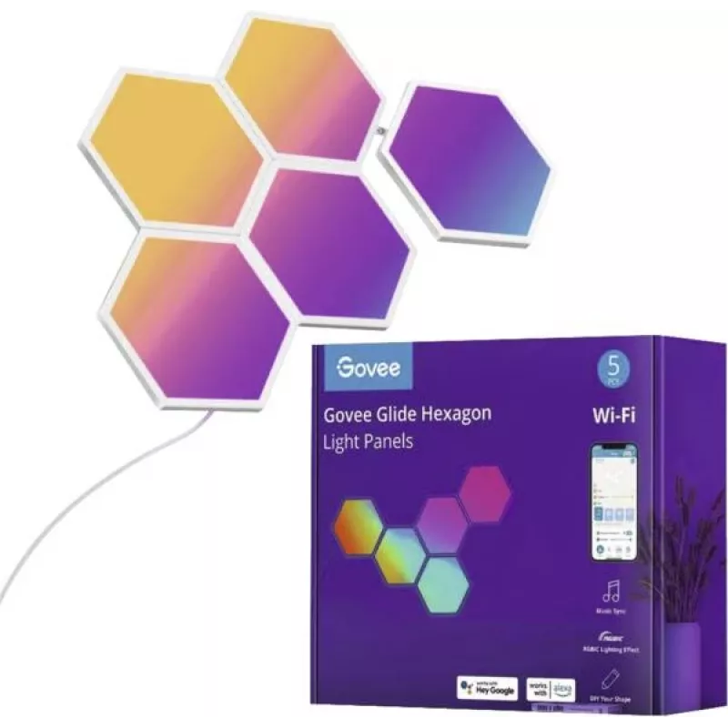 LED šviesos plokštės Govee B6061 5 vnt. RGB spalvų kaita — modulinis dekoratyvinis sienų apšvietimas