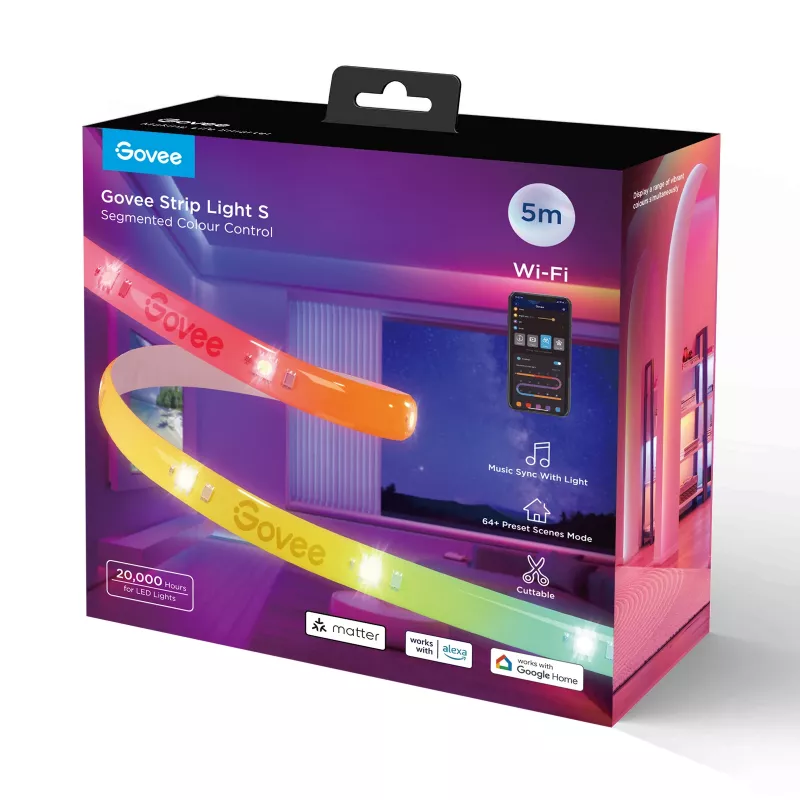 Išmani LED juostelė Govee Strip Light S 5m – Wi‑Fi/Bluetooth, RGBIC, 5 000 mm, balta