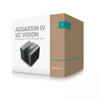 Oro aušintuvas DeepCool ASSASSIN IV VC VISION — dviejų ventiliatorių 120/140 mm, 300 W TDP, 7 šilumos vamzdeliai, LGA115x/LGA1200/LGA1700/LGA20xx suderinamas, juodas