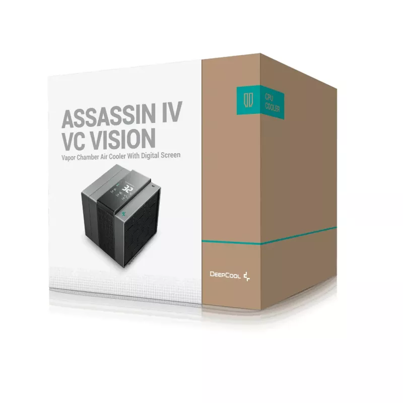 Oro aušintuvas DeepCool ASSASSIN IV VC VISION — dviejų ventiliatorių 120/140 mm, 300 W TDP, 7 šilumos vamzdeliai, LGA115x/LGA1200/LGA1700/LGA20xx suderinamas, juodas