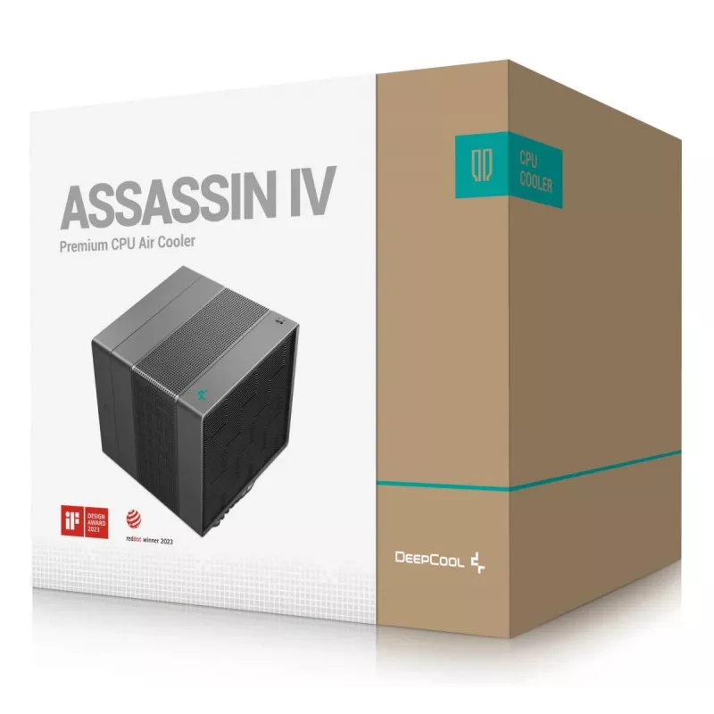 Oro aušintuvas DeepCool ASSASSIN IV 14 cm juodas — maks. 2,44 mmH2O oro slėgis, 14 cm FDB ventiliatorius, 1700 aps./min., 79,1 cfm, 7 šilumos vamzdeliai